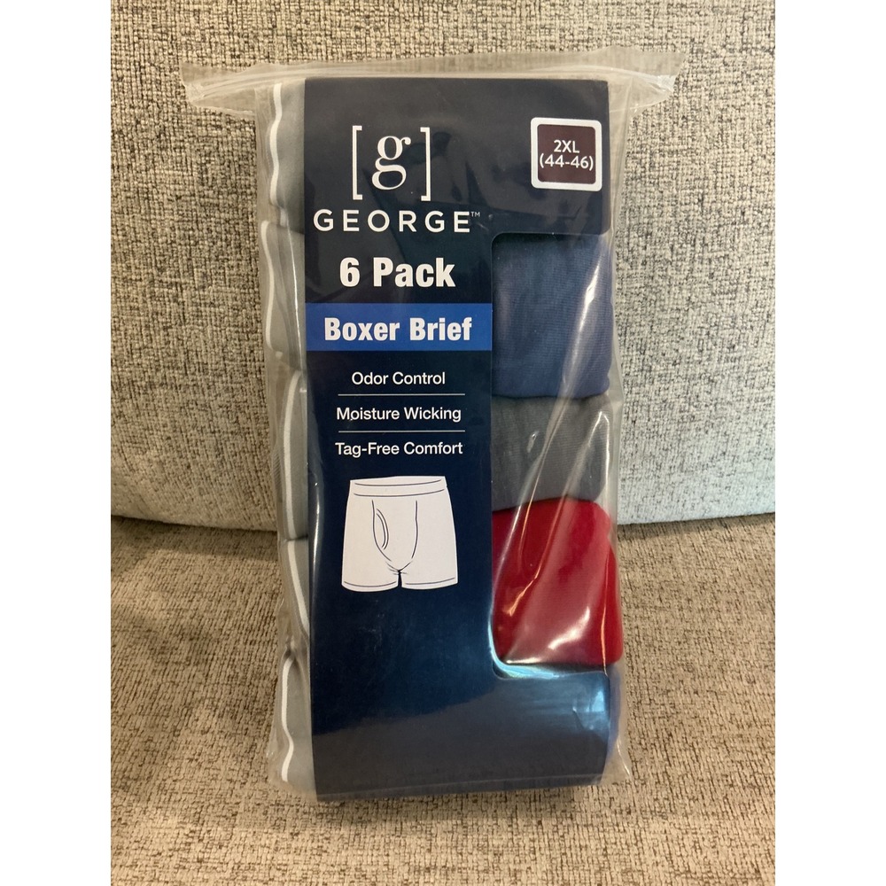George Mens 6‎ Pack Boxer Briefs 2XL 44-46 Multi Color Moisture Wicking Tag Free
